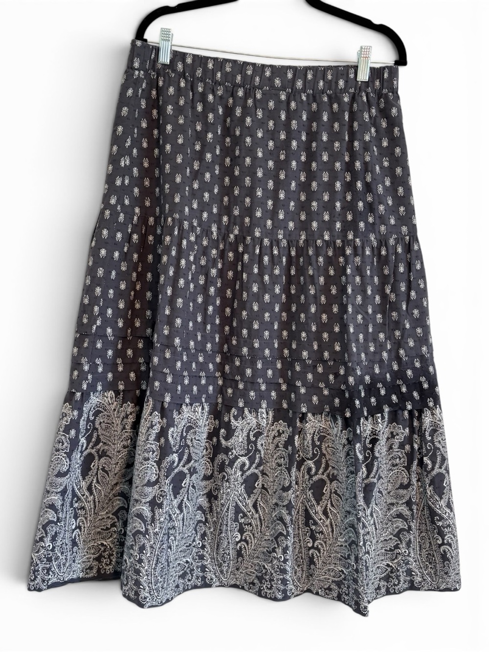 J.Jill Gray Tiered Paisley Trim Maxi Skirt | 100% Cotton | Size Medium - Picture 3 of 11